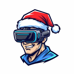 Fototapeta premium Cartoon man wearing virtual reality headset and santa hat illustration