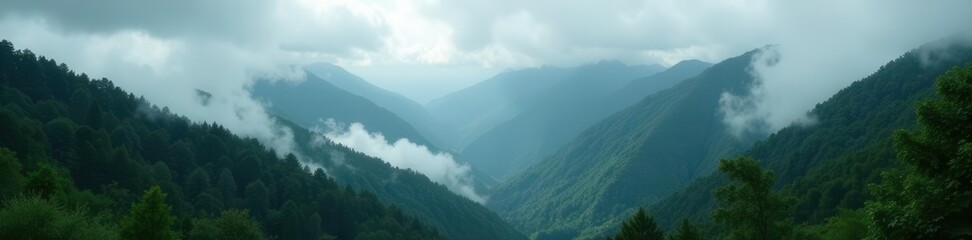 Obraz premium Misty peaks, dark green forests, brooding clouds , travel, stone, ridge