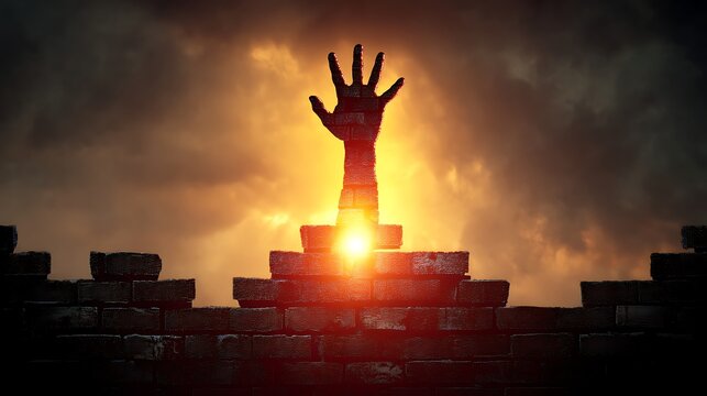 A Hand Emerging from a Brick Wall Against a Dramatic Sunset Sky with Clouds and Rays of Light