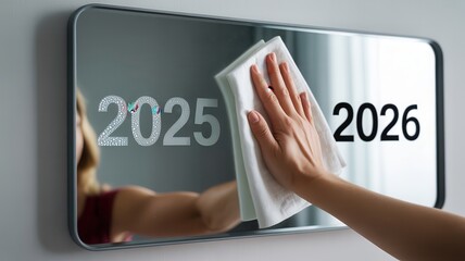 Hand wiping away "2025" from a mirror, revealing a clear "2026" for new beginnings