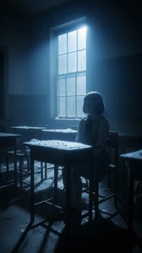 Scary horror scene of a ghost girl alone in a dark classroom. Vertical video of a haunted school with dramatic window light. Mystery and supernatural concept