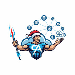 Mascot vector muscular man with data cloud holding spear holiday