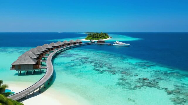 Aerial drone view of luxurious overwater bungalows connected by a wooden pier in a tropical
