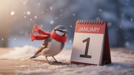 Cute winter bird in red scarf stands beside a "january 1" calendar page with falling snow.