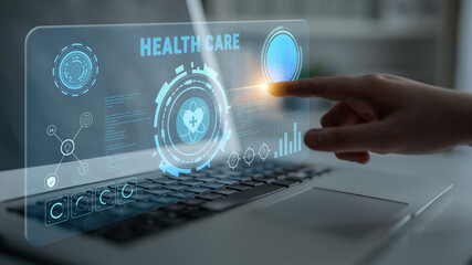Digital health care technology and medical data dashboard concept. An interface for patient information, diagnostics, and monitoring health records. Motif