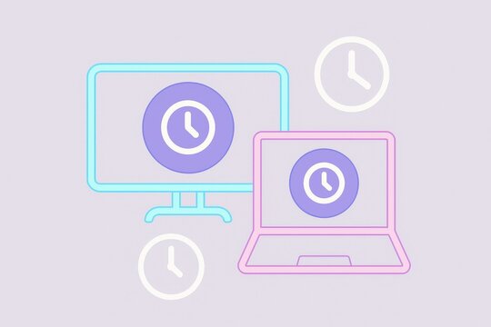 Conceptual representation of time management and productivity with modern digital devices showcasing clocks in a pastel design for innovative workflow optimization