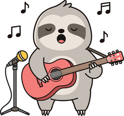 Fototapeta premium Cute cartoon sloth playing guitar and singing into microphone, funny animal musician character, isolated on white, cad drawing flat vector illustration.