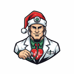 Vector illustration: Cartoon doctor wearing santa hat with stethoscope