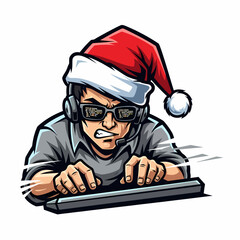 Vector illustration: Christmas coder typing intently with Santa hat