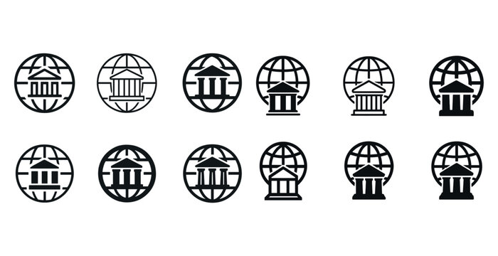 Set of global banking icons with earth and building symbols