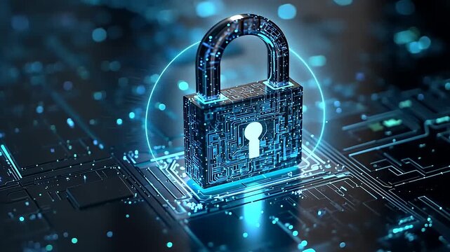 Digital padlock on a circuit board background, symbolizing cybersecurity and data protection - Powered by Adobe