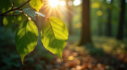 Obraz premium Sunlight shining through the leaves of a tree in a forest