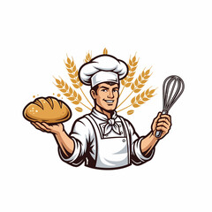 Cartoon baker holding bread and whisk with wheat background design