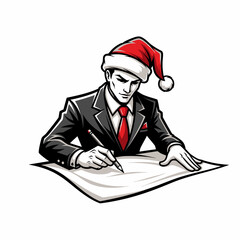 Cartoon businessman wearing santa hat working christmas plans