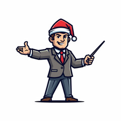 Cartoon businessman wearing santa hat presenting with pointer stick