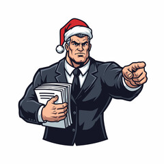 Cartoon Businessman with Santa Hat Holding Documents Pointing Forward