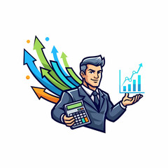 Cartoon businessman with calculator presenting financial growth chart success