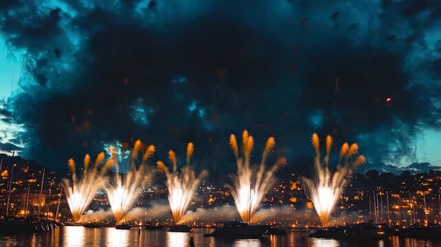 A display of colorful fireworks exploding in the night sky above a calm lake or ocean