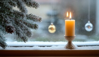 Lit yellow pillar candle rests on a windowsill beside frosted evergreen branches with snow outdoors