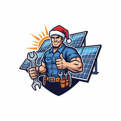 Cartoon character repairing solar panels wearing a Christmas hat illustration