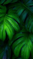 Obraz premium Lush Tropical Leaves with Water Droplets in Rich Green Tones for Nature and Botanical Photography