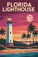 Coastal key west lighthouse poster featuring palm trees and ocean scenery, vintage vector design ideal for florida travel decor, wall art, and classic illustration prints.