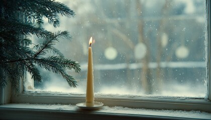 Illuminated taper stands beside evergreen foliage against a frosty window view of winter outdoors