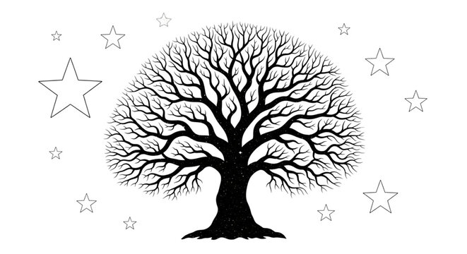 Bare Tree Silhouette with Stars Mystical Nature Symbol for Growth Design Element