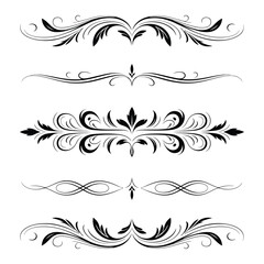 Classic Black Floral Border Elements and Decorative Line Dividers Vector Set