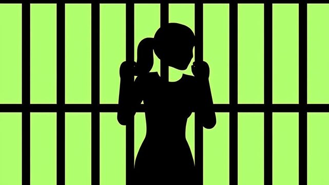 Graphic illustration of a female silhouette trapped behind prison bars in confinement