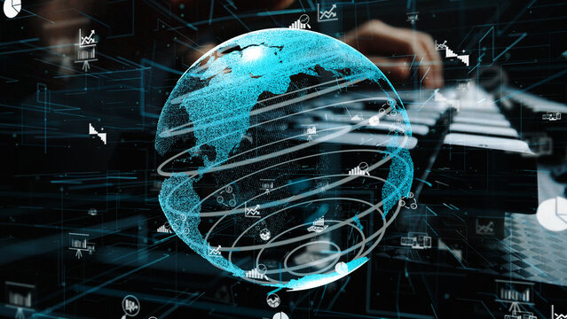 This abstract image illustrates a digital globe surrounded by data analytics symbols, emphasizing global connectivity and the impact of technology on business. Xenic