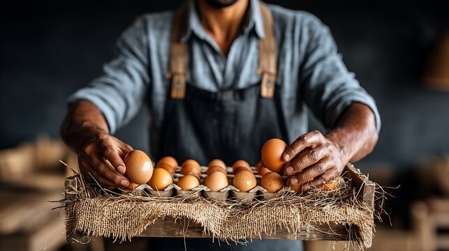 Freshly Collected Organic Eggs in a Rustic Farm Setting with a Man in Apron Holding a Tray of Eggs