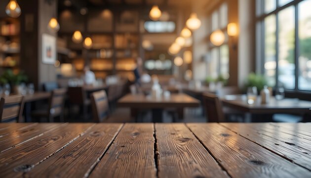 Cozy Interior of Modern Restaurant with Warm Lighting and Wooden Tables