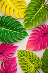 Flat lay fluorescent tropical leaves, neon colors, nature concept