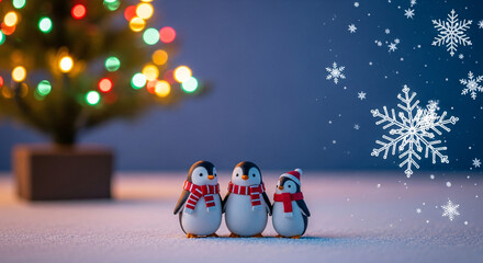 Three adorable penguin figurines wearing festive scarves stand in the snow with a blurred christmas tree and falling snowflakes