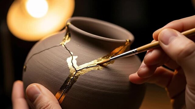Kintsugi artist meticulously repairs a broken ceramic pot with gold lacquer.
