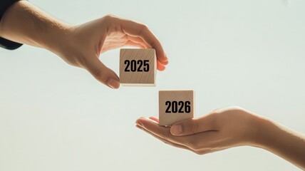 Hand passing wooden block with '2025' to another hand holding '2026', symbolizing new year transition concept.
