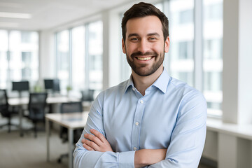 Smiling businessman standing confidently in a bright modern office with arms crossed.