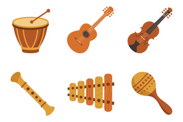 Naklejka premium Traditional music instrument pack, djembe drum, acoustic guitar pair, wooden recorder flute, xylophone, handheld shaker, folk performance set