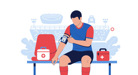 Sportsman health analysis with stadium backdrop illustration of health check scenario