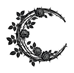Crescent moon rose thorns vector illustration floral gothic design art eps silhouette