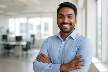 An Indian office worker in a light blue shirt is posing confidently in an office.