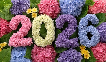 Colorful hydrangea flowers arranged in the shape of 2026 numbers creating an enchanting vibrant floral background for New Year celebration or festive event
