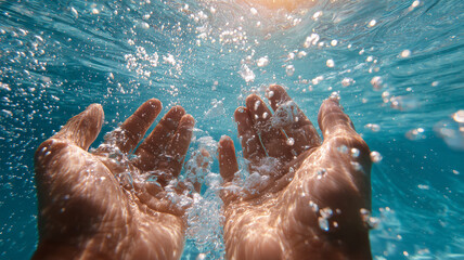 透き通った水中に差し出される両手