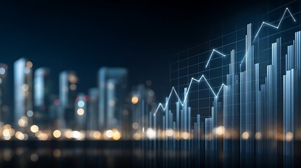 Abstract Digital Financial Chart Over City Skyline at Night with Blurred Lights and Modern Stock Market Trends