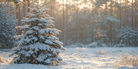 A snow-covered pine tree in a wintry forest, illuminated by the sun, with a soft focus background and a single snowflake on the tree.