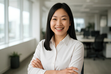 Smiling Chinese Asian office woman employee standing confidently in a bright modern office with arms crossed.