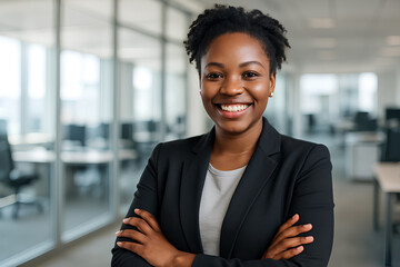 Smiling afro-american businesswoman standing confidently in a bright modern office with arms crossed.