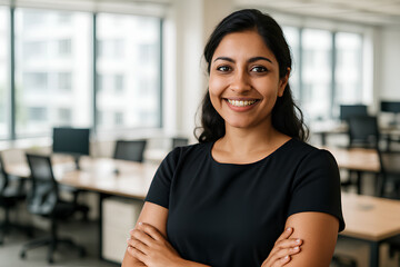 Smiling Indian businesswoman standing confidently in a bright modern office with arms crossed.