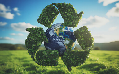 Green recycling symbol encircling planet earth in a lush landscape